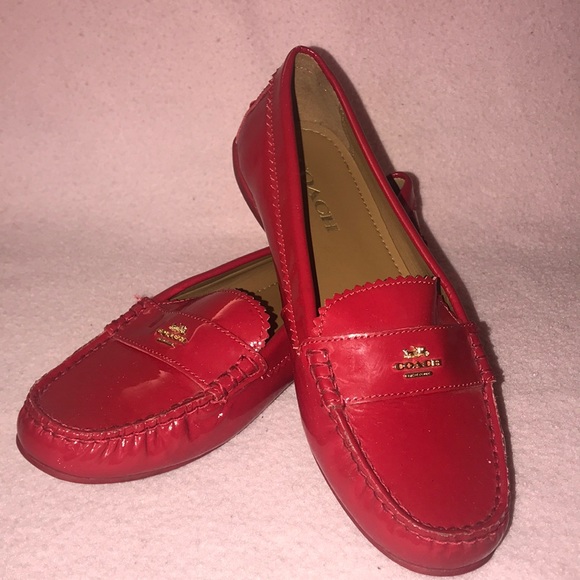 Red patent leather coach loafers